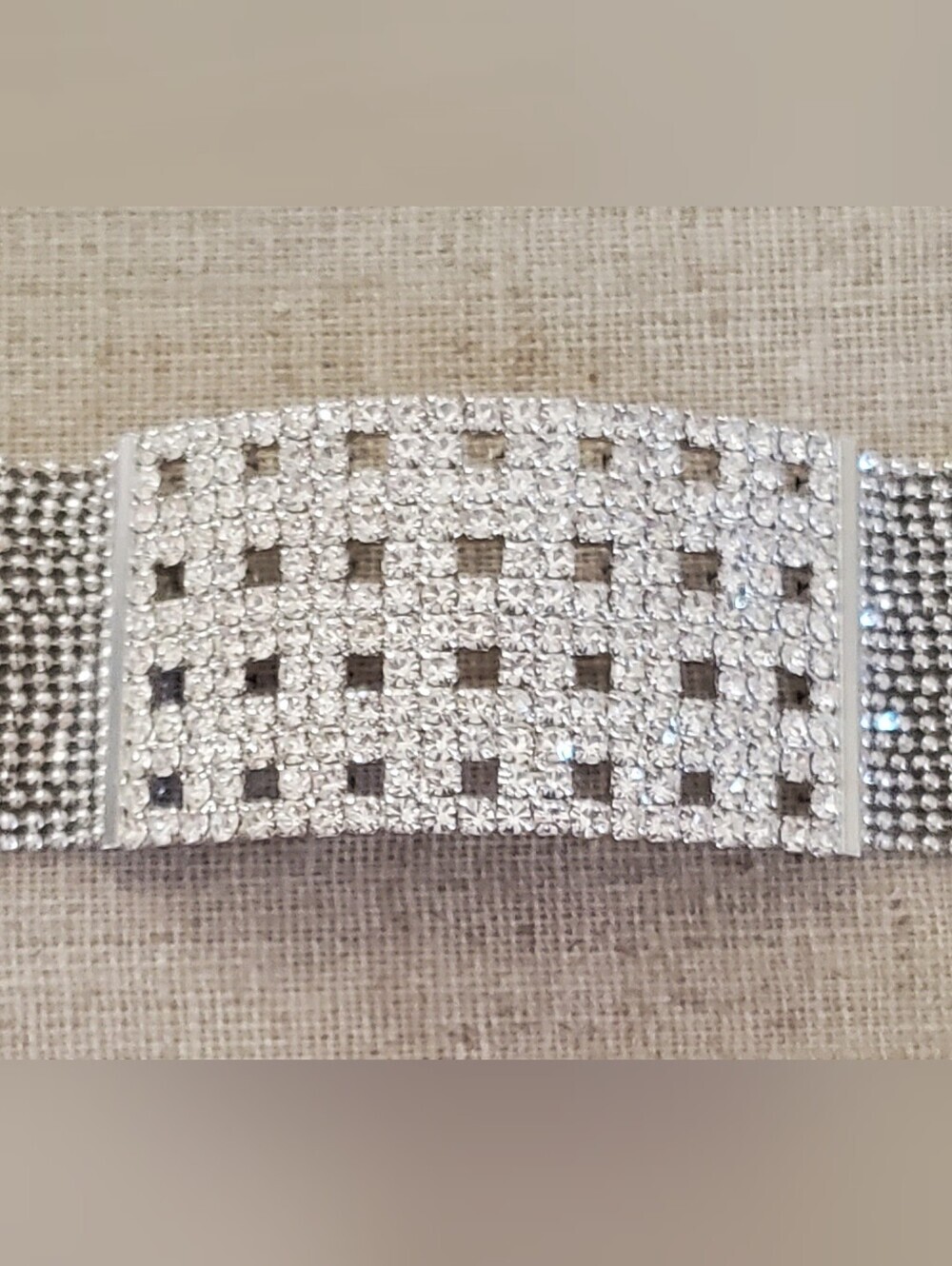 Sparkling Rhinestone Mesh Wide Cuff Bracelet | Silver Tone Statement Wristband - Picture 4 of 8